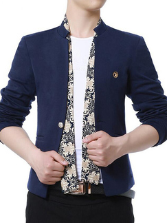 Navy Blue Slim Stand Collar Cufflinks Plus Size Long Sleeve Men Suit for Office Evening Groomsmen Prom