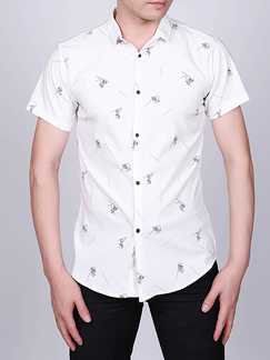 White Slim Lapel Printed Letter Single-breasted Asymmetrical Hem Collar Button-Down Men Shirt for Casual Party Office