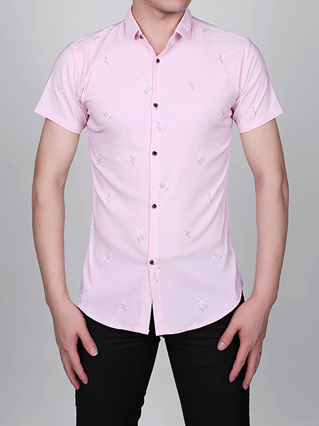 Pink Slim Lapel Printed Letter Single-breasted Asymmetrical Hem Collar Button-Down Men Shirt for Casual Party Office