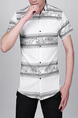 White and Grey Slim Lapel Stripe Printed Single-breasted Asymmetrical Hem Collar Button-Down Men Shirt for Casual Party Office
