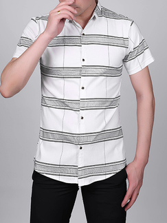 White and Black Lapel Slim Stripe Cardigan Collar Button-Down Men Shirt for Casual Party Office