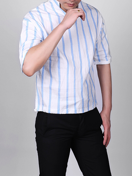 White and Blue Stand Collar V Neck Loose Stripe Plus Size Men Shirt for Casual Party Office