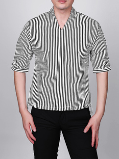 White and Black Stand Collar V Neck Loose Stripe Plus Size Men Shirt for Casual Party Office