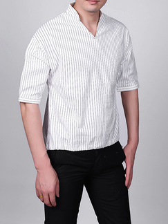White and Black Stand Collar V Neck Loose Stripe Plus Size Men Shirt for Casual Party Office