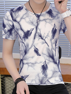 White and Blue Round Neck Slim Printed Knitted Tee Men Shirt for Casual Party