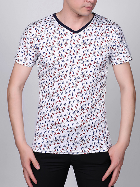 White and Colorful V Neck Slim Knitted Contrast Printed Tee Men Shirt for Casual Party