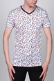 White and Colorful V Neck Slim Knitted Contrast Printed Tee Men Shirt for Casual Party