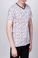 White and Colorful V Neck Slim Knitted Contrast Printed Tee Men Shirt for Casual Party