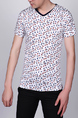 White and Colorful V Neck Slim Knitted Contrast Printed Tee Men Shirt for Casual Party