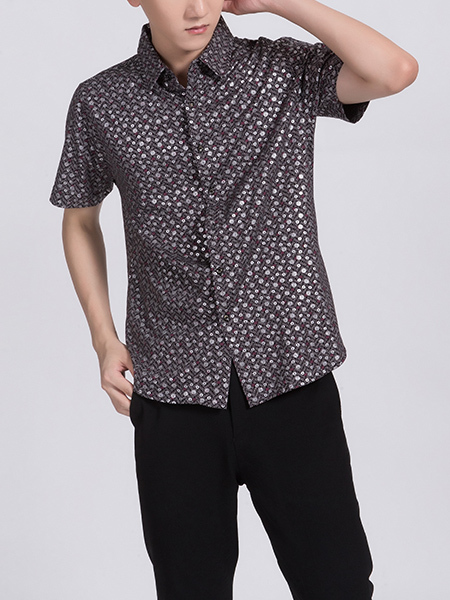 Black And Silver Button Down Collared Men Shirt for Casual Party Office
