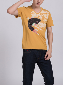 Yellow V Neck Printed Men Shirt for Casual Party