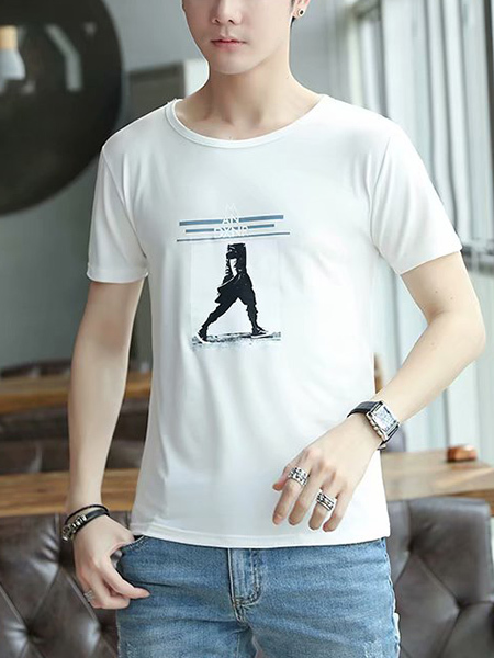 White Round Neck Tee  Men Shirt for Casual Party