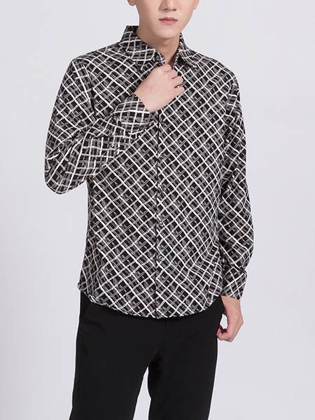 Black And White Collared Button Down Long Sleeves Men Shirt for Casual Party Office