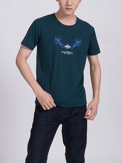 Blue Green Round Neck Tee Printed Men Shirt for Casual Party