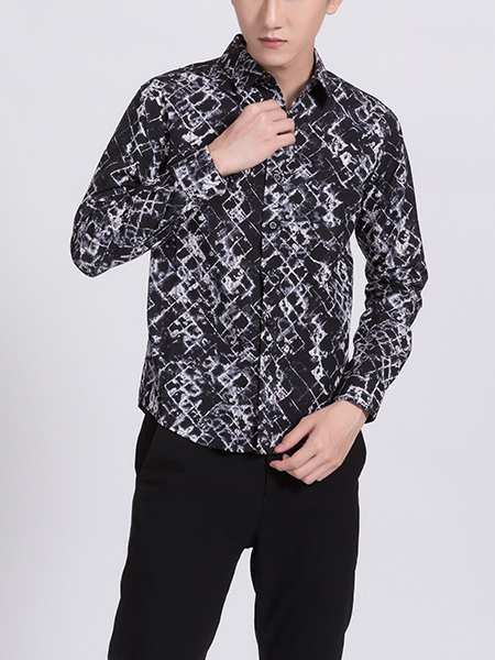 Black and White Long Sleeves Button Down Collared Men Shirt for Casual Party Office