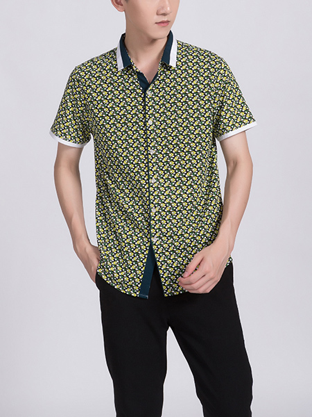 Yellow White And Blue Button Down Collared Men Shirt for Casual Party Office