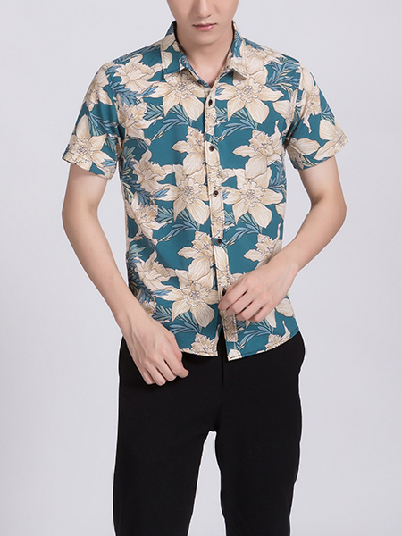 Cream and Blue Button Down Collared Floral Men Shirt for Casual Party Beach