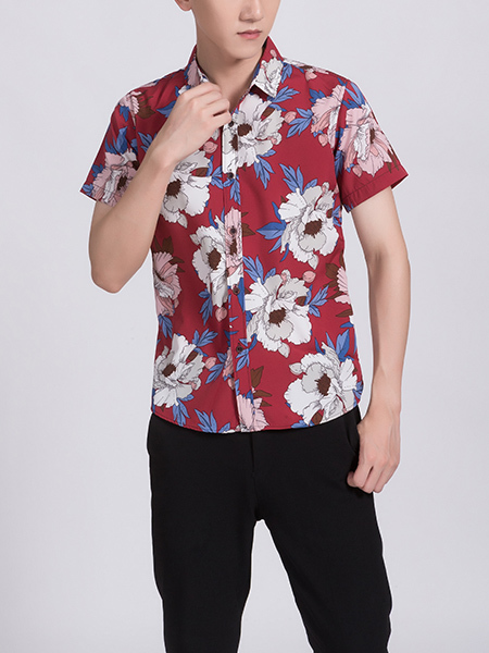 Red White and Blue Collared Button Down Floral Men Shirt for Casual Party Beach