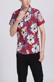 Red White and Blue Collared Button Down Floral Men Shirt for Casual Party Beach