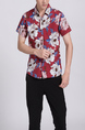 Red White and Blue Collared Button Down Floral Men Shirt for Casual Party Beach