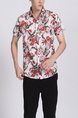 White And Red Button Down Collared Floral Men Shirt for Casual Party Beach