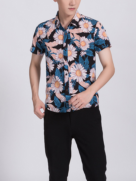 Colorful Collared Button Down Floral Men Shirt for Casual Party Beach