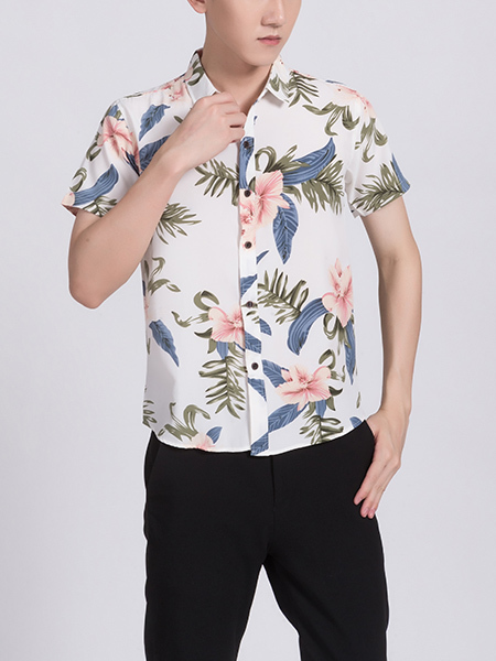 White Colorful Button Down Collared Floral Men Shirt for Casual Party Beach