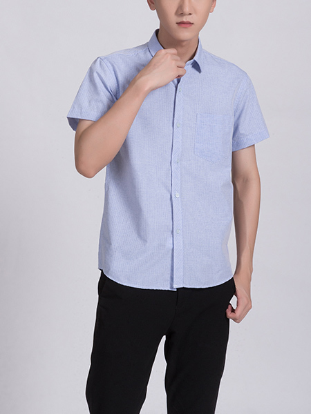 Blue Chest Pocket Button Down Collared Men Shirt for Casual Party Office