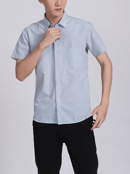 Blue Chest Pocket Button Down Collared Men Shirt for Casual Party Office
