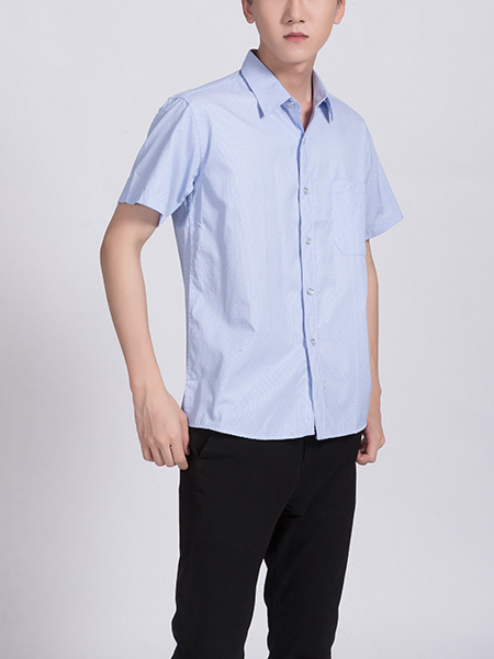 Blue Chest Pocket Button Down Collared Men Shirt for Casual Party Office