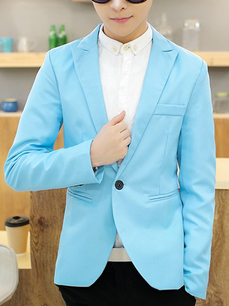 Blue Lapel Button Pocket Long Sleeve Men Suit for Office Party Wedding Groomsmen
