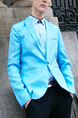 Blue Lapel Button Pocket Long Sleeve Men Suit for Office Party Wedding Groomsmen