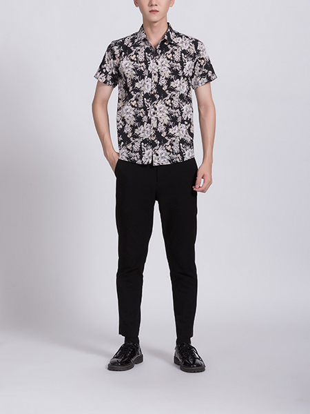 Black Colorful Button Down Collar Plus Size Floral Men Shirt for Casual Party