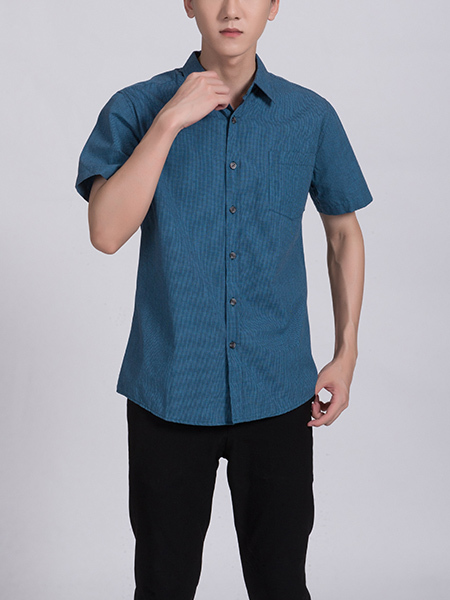 Blue Green Collar Chest Pocket Button Down Plus Size Men Shirt for Casual Party Office