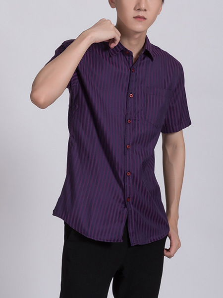 Purple Collar Chest Pocket Button Down Plus Size Men Shirt for Casual Party Office