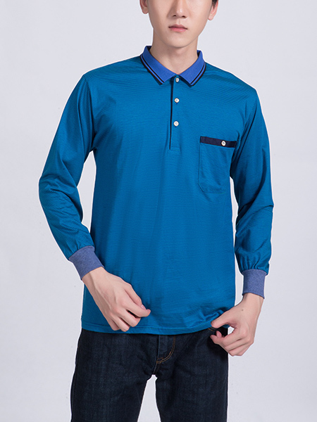 Blue Chest Pocket Collared Polo Plus Size Long Sleeves Men Shirt for Casual Party Office