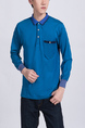 Blue Chest Pocket Collared Polo Plus Size Long Sleeves Men Shirt for Casual Party Office