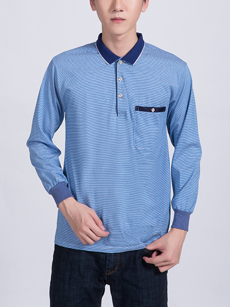 Blue Chest Pocket Collared Polo Plus Size Long Sleeves Men Shirt for Casual Party Office