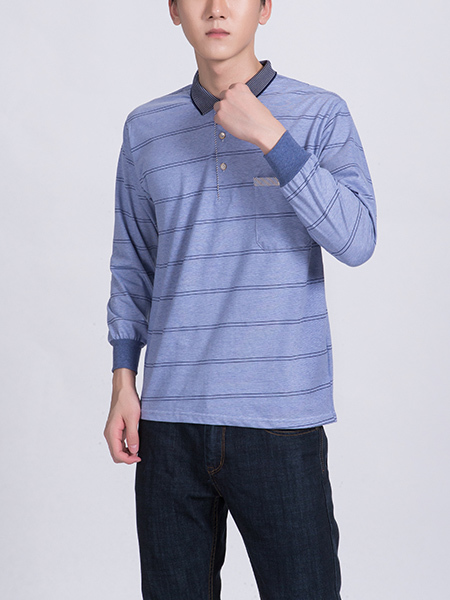 Blue Chest Pocket Collared Polo Plus Size Long Sleeves Men Shirt for Casual Party Office