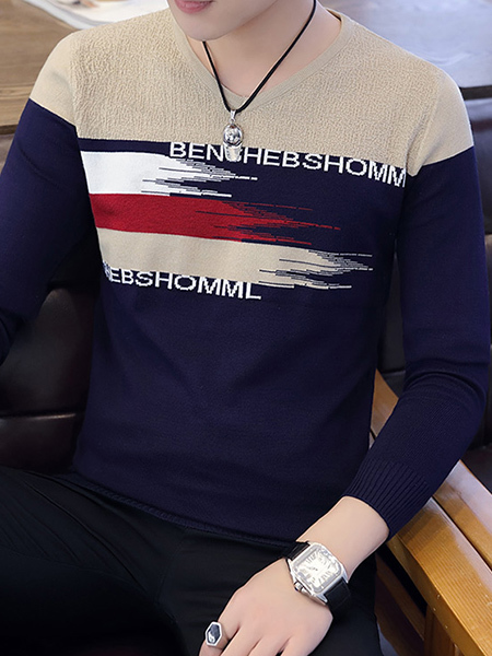 Blue and Beige Round Neck Long Sleeve Plus Size Men Sweater for Casual
