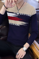 Blue and Beige Round Neck Long Sleeve Plus Size Men Sweater for Casual