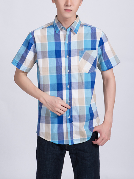 Blue Colorful Collared Button Down Chest Pocket Checkered Men Shirt for Casual Party Office Evening Nightclub