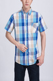 Blue Colorful Collared Button Down Chest Pocket Checkered Men Shirt for Casual Party Office Evening Nightclub