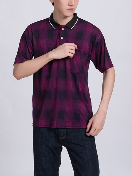Purple and Black Collared Chest Pocket Polo Men Shirt for Casual Party Office