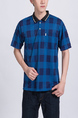 Blue Checkered Collared Chest Pocket Polo Men Shirt for Casual Party Office