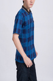 Blue Checkered Collared Chest Pocket Polo Men Shirt for Casual Party Office