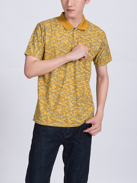 Yellow Collared Chest Pocket Printed Polo Men Shirt for Casual Party Office