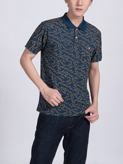 Blue Colorful Collared Chest Pocket Printed Polo Men Shirt for Casual Party Office