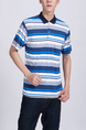 Blue and White Striped Collared Chest Pocket Polo Men Shirt for Casual Party Office