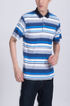 Blue and White Striped Collared Chest Pocket Polo Men Shirt for Casual Party Office